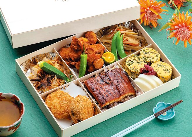 台北遠東香格里拉今夏推出三款奢華版六宮格主題餐盒，每盒588元，圖為〈ibuki日式鰻魚餐盒〉。圖／業者提供