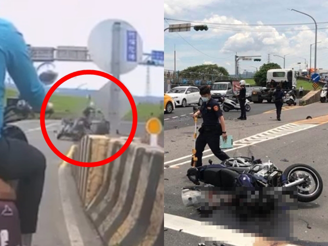 新北市环堤大道14日1名重机骑士疑似在违规跨越双黄线逆向时，一度被前车挡住视线，竟与对向1辆机车对撞，对撞瞬间零件喷飞，惊悚影片曝光。（翻摄自脸书记者爆料网）