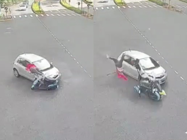 女騎士未依規定兩段式左轉，竟當場撞上1輛直行轎車，女騎士整個人從機車上噴飛後重重墜地，全身多處骨折，現場車體零件四散。（翻攝照片）