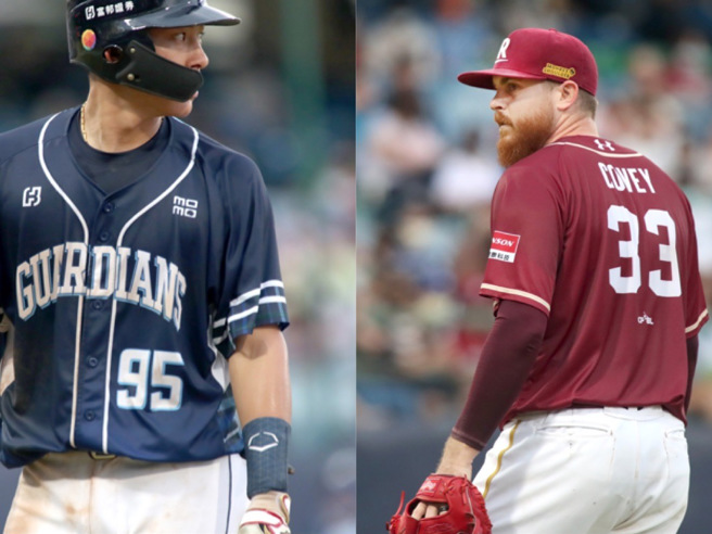 乐天桃猿狂威（右）、富邦悍将戴培峰。（郑任南摄）