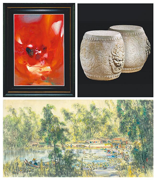 左上為朱德群作品《紅色意境》、 右上為「青白石捲草開光龍紋鋪首鼓墩一對」、下圖為藍蔭鼎作品《竹報平安》。 （帝圖藝術拍賣提供）
