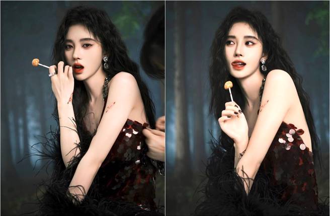 鞠婧禕性感吃糖果。（圖／取材自鞠婧禕個人工作室微博）