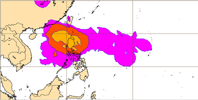 最新(20日20时)欧洲(ECMWF)系集模式30日20时模拟图显示，菲律宾东方海面至吕宋岛一带热带扰动发展的机率达30%。(翻摄自「三立准气象· 老大泄天机」)

