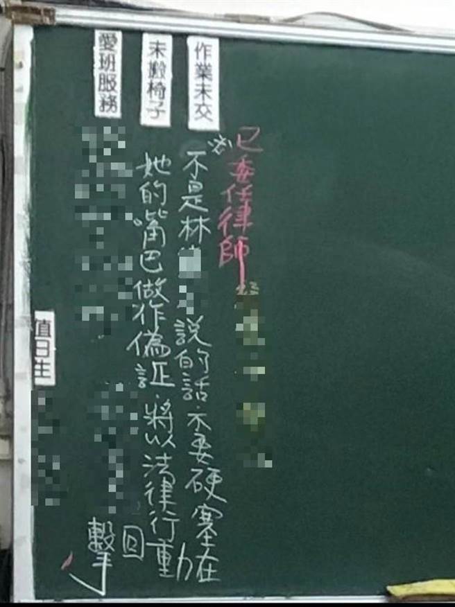 林姓女教师不满遭学生投诉，恐吓学生「不会让你们好过」，并且在黑版上写下已委任律师。（人本教育基金会提供／袁庭尧高雄传真）