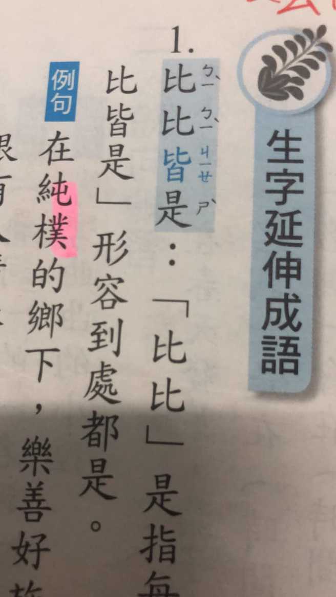 国小课本说明「比比皆是」的正确读音与字义。（图／翻摄自爆怨公社脸书）
