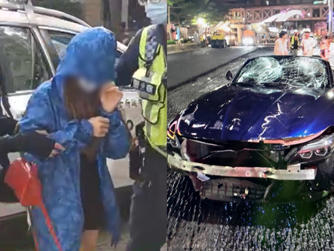 林女从警车下车步入警局，身穿黑短裙露出长腿，面对询问「撞死人了你知道吗？」全程不发一语。（翻摄自脸书、翻摄照片）