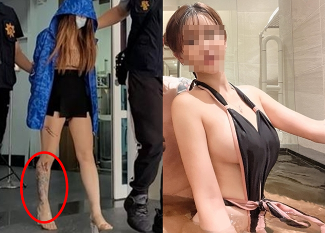 林女从警车下车步入警局，身穿黑短裙露出长腿，腿上刺青「捕梦网」有趋吉避凶含意。（翻摄自脸书、翻摄照片）