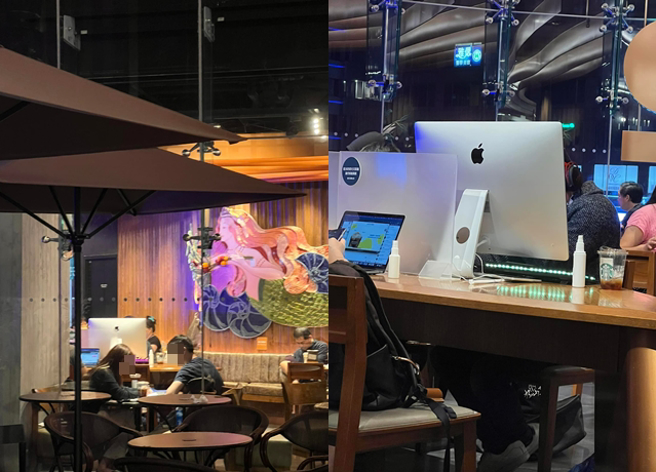 男子拍下有人拿整台「苹果桌机」进连锁咖啡厅办公，网友也笑翻「还以为到了网咖」。（翻摄自脸书路上观察学院）