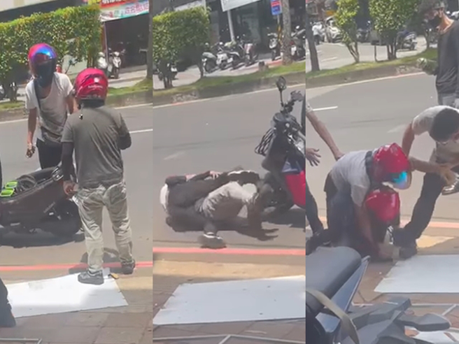 外送发现1名同业「未装外送箱」准备拍照举报时，遭到该同业不满，该名同业竟拿出警棍叫嚣，2人甚至倒在地上、扭打成一团。（翻摄自脸书「记者爆料网」）
