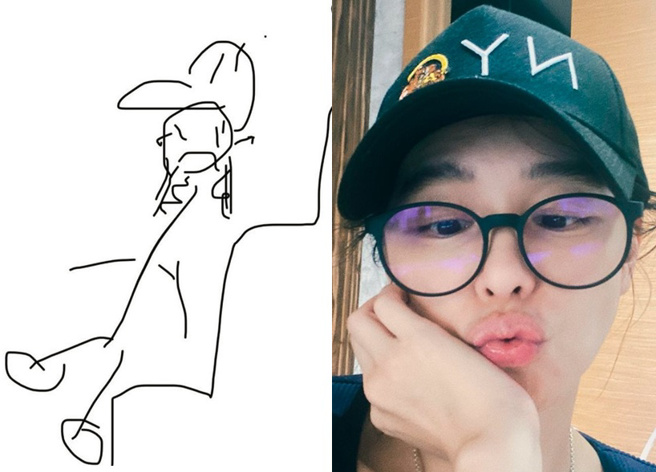 徐若瑄繪圖還原自己的摔倒過程，還自虧核心練得好所以棒球帽沒飛出去。（圖／取自徐若瑄IG）