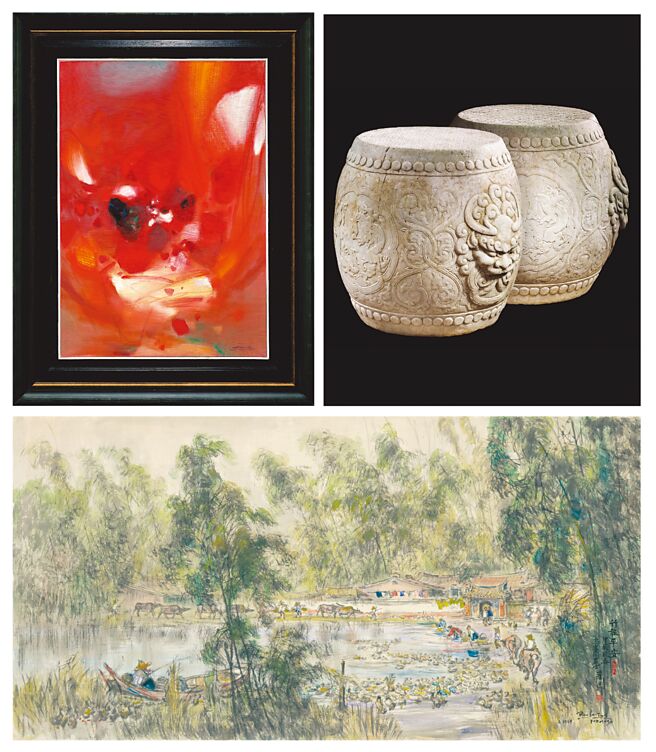 朱德群《紅色意境》（左上）、「青白石捲草開光龍紋鋪首鼓墩一對」（右上）、藍蔭鼎《竹報平安》（下）。圖／帝圖藝術拍賣提供