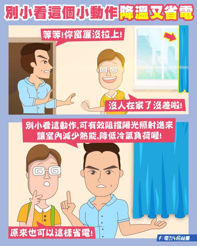 台电指出，拉窗帘可以阻挡辐射热。(翻摄自 台电电力粉丝团)