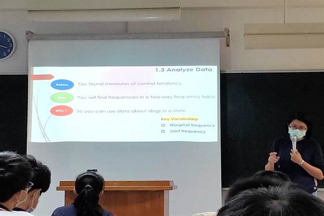 大明高中研发处主任叶紫君率先示范以双语教授数学课。（冯惠宜摄）