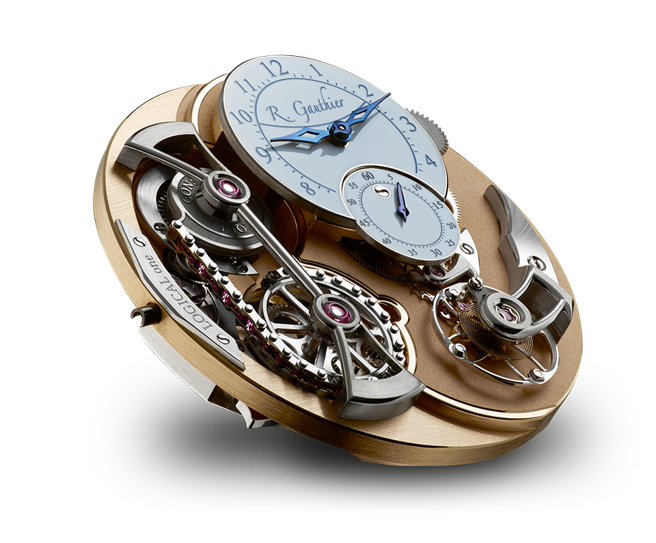 独立制表师Romain Gauthier今年新作Logical One Bi-color芝麻炼机芯腕表，可清楚看到平面式芝麻链恒定动力系统运作盛况。（瑞博品提供）