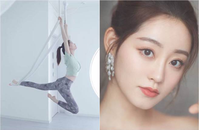 祝绪丹挑战空中瑜珈。（图／取材自祝绪丹微博）