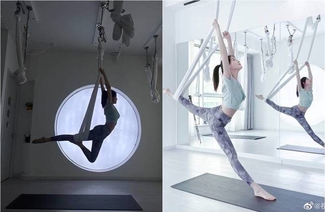 祝绪丹很快就抓到空中瑜珈的技巧。（图／取材自祝绪丹微博）