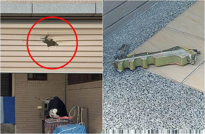 民宅铁门被砸出洞。（合成图，翻摄照片／高雄洪靖宜传真）
