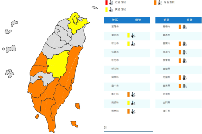 氣象局發布23日高溫資訊，11縣市有出現36度高溫的機率。（氣象局）