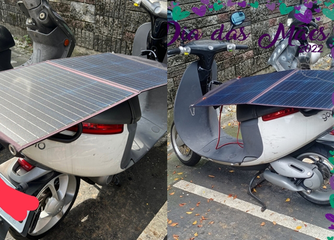 男子在路邊看到1輛Gogoro椅墊上擺一片太陽能充電板，懷疑是否可以這樣充電。（翻攝自臉書爆廢公社）