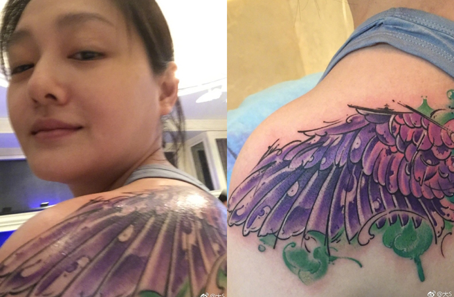 大S2017年曾晒过左肩上翅膀刺青。（图／翻摄自大S微博）