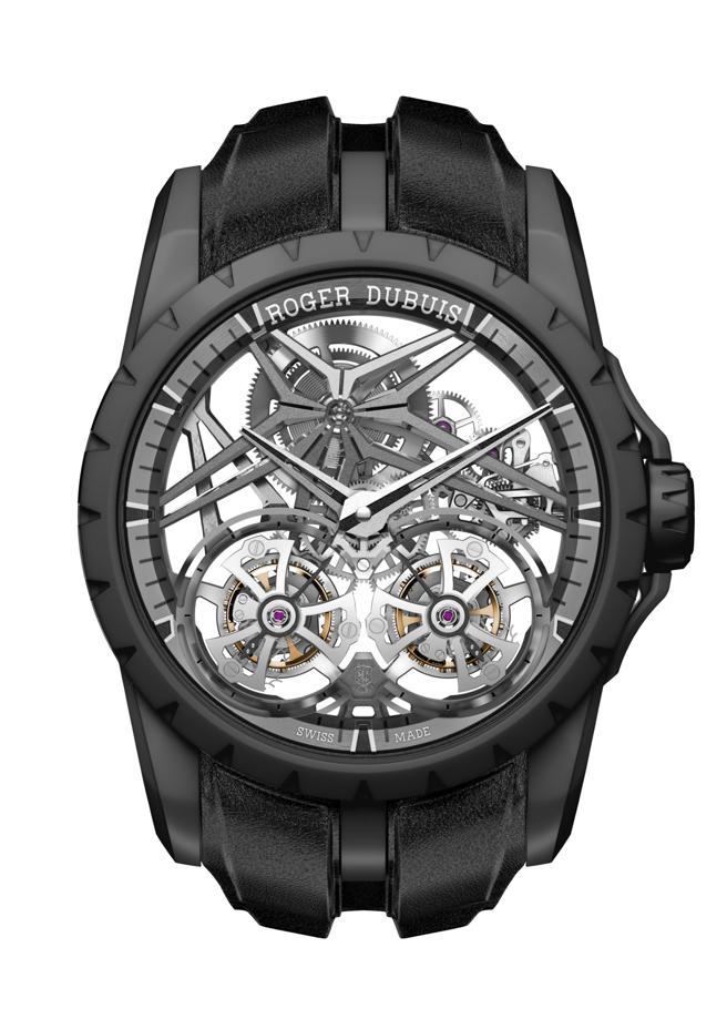 罗杰杜彼王者系列Excalibur Monobalancier黑色陶瓷双陀飞轮腕表，835万5000元。（Roger Dubuis提供）