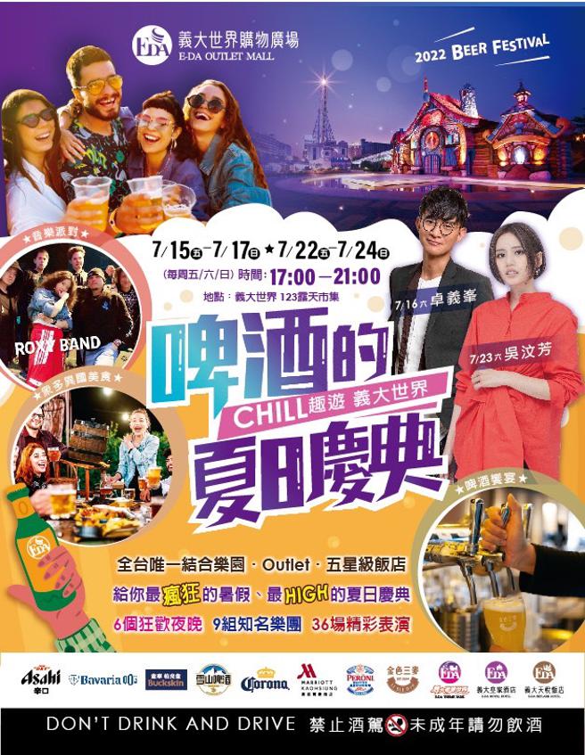 义大Outlet Mall举行「啤酒的夏日庆典」，共带来9组乐团、36场精彩表演，现场还提供清凉啤酒供试饮、购买，活动期间天天再抽万元购物金，从早玩到晚也不无聊。（义大Outlet Mall提供）