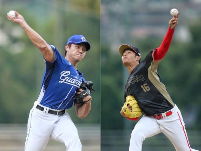 富邦悍将江少庆（左）与味全龙王维中生涯首度同场先发。（杜宜谙摄）
