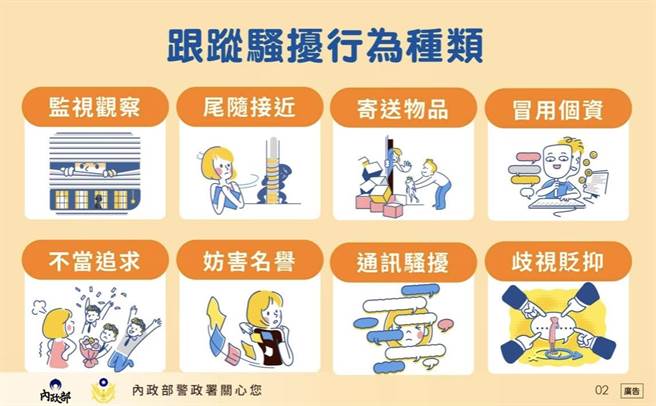 保大宣导八大类跟骚行为，包括：监视观察、尾随接近、寄送物品、冒用个资、不当追求、妨害名誉、通讯骚扰、歧视贬抑。(翻摄照片／林郁平台北传真）