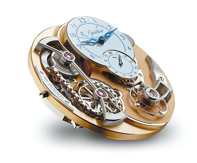 独立制表师Romain Gauthier的Logical One Bi-color芝麻炼机芯腕表，可清楚看到水平式芝麻链恒定动力系统运作盛况。（瑞博品提供）