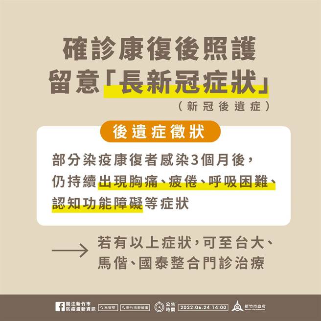 市府表示，民眾若有长新冠症状，可到台大、马偕、国泰等3家大型医院，有针对提供康復者开设特别门诊。（新竹市政府提供／王惠慧新竹传真）