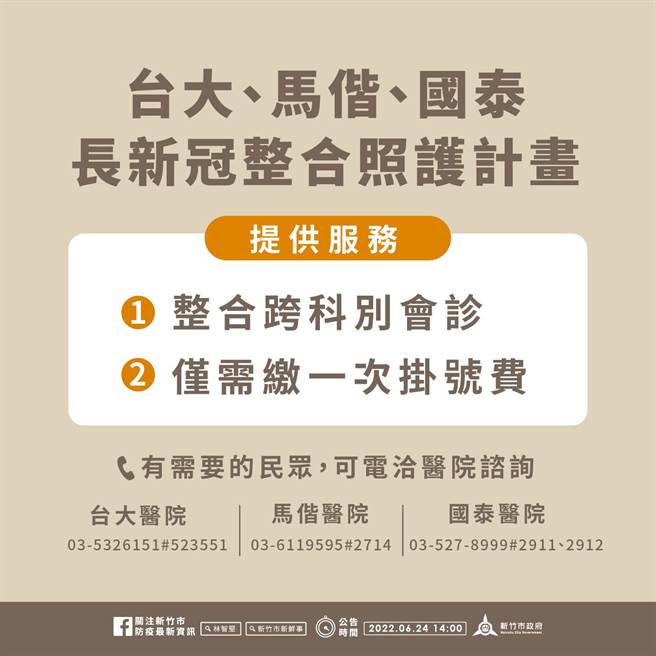 市府表示，民眾若有长新冠症状，可到台大、马偕、国泰等3家大型医院，有针对提供康復者开设特别门诊。（新竹市政府提供／王惠慧新竹传真）
