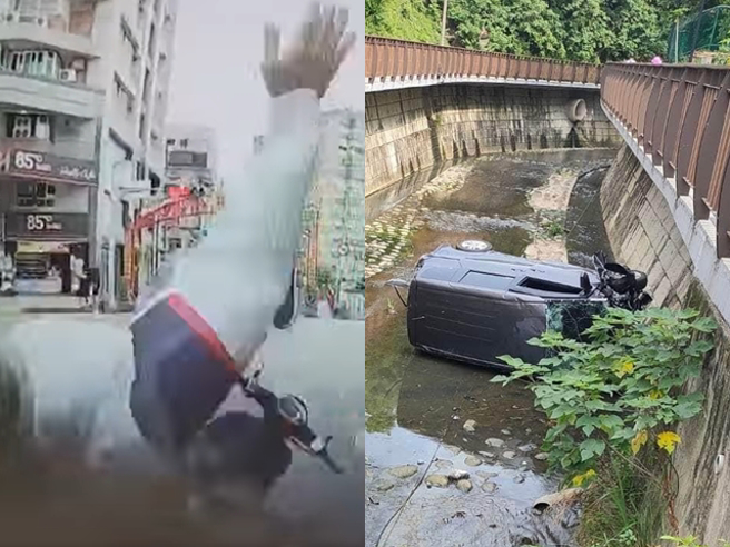 新竹1名62岁车主日前开车在等红灯时，竟误踩油门先衝撞1名男骑士，接着一路暴衝，最后在一处桥墩竟失控「往桥下衝」，整辆休旅车摔入溪内。（翻摄自脸书爆废公社）