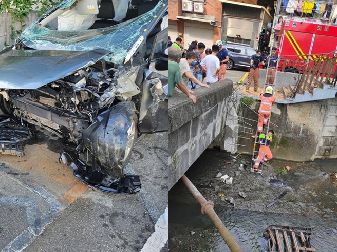 新竹1名62岁车主日前开车在等红灯时，竟误踩油门先衝撞1名男骑士，接着一路暴衝，最后在一处桥墩竟失控「往桥下衝」，整辆休旅车摔入溪内。（翻摄自脸书爆废公社）
