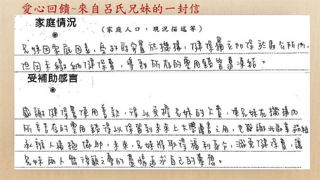 受惠儿少手写信表达感谢。（健保署北区业务组提供／蔡明亘桃园传真）