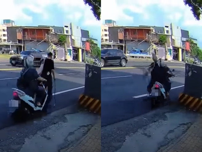 老翁因该处人行道遭杂草覆盖，路肩又有变电箱，因此靠往道路边缘走，没想到就遭1名行驶在路肩的骑士狠狠撞上，两人双双倒地。（翻摄自YouTube）