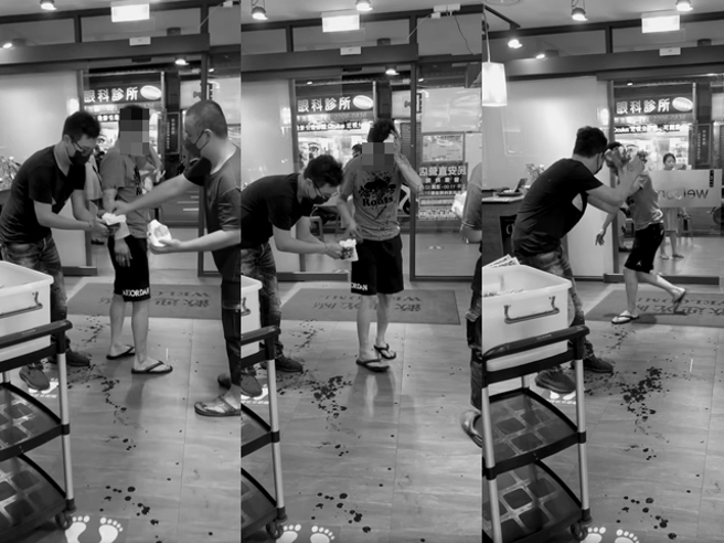 新庄火锅店爆砍杀，1男腰部、手指有切割伤，另1男更为恐怖，头部则有2处「12公分伤口」鲜血狂冒、地上全是血迹，吓坏眾人。（翻摄自脸书爆废公社公开版）