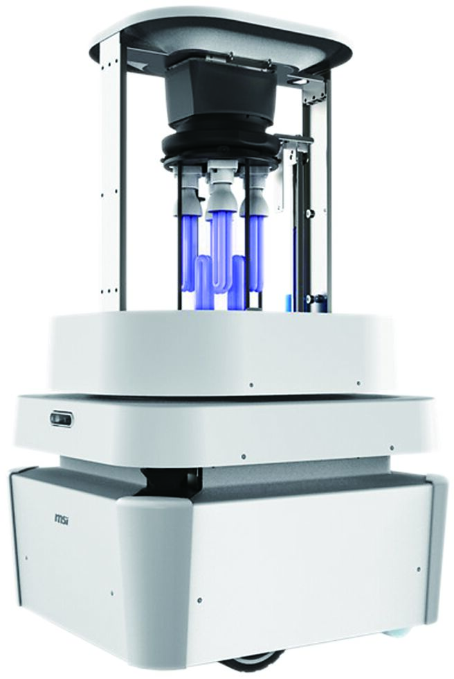 微星科技「MSI智能防疫消毒机器人」能轻松避开障碍物，完全自主导航，达到自主移动杀菌、净化空气的目标。图／业者提供