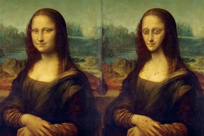 蒙娜丽莎因吸食海洛因成瘾，造成瞳孔缩小、病态消瘦与皮肤病变的外貌，与原作丰腴样貌差异甚大。（摘自国立自然科学博物馆）