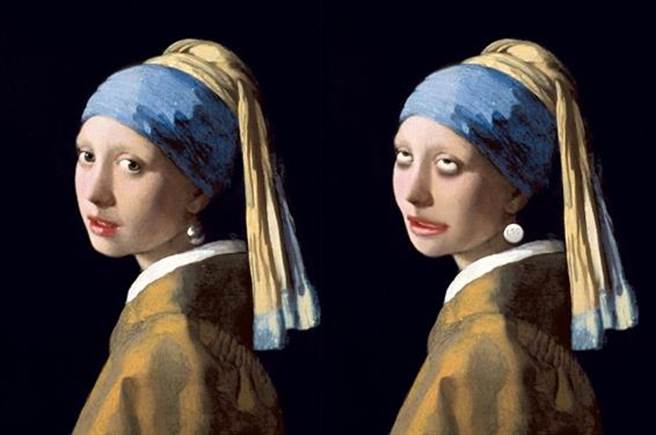 荷兰画家维梅尔名画「戴珍珠耳环的少女」，改作少女因使用迷幻药出现瞳孔放大、面部歪斜与陷入幻觉的精神状态。（摘自国立自然科学博物馆）