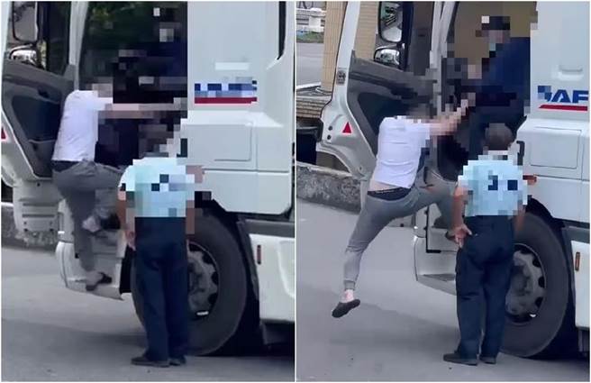 新北市汐止区某货柜场昨（26）日上演全武行，一名联结车司机因按鸣喇叭，引发另一名货柜车司机不满，遭强开车门要求下车谈判。（警方提供／李奇叡新北传真）