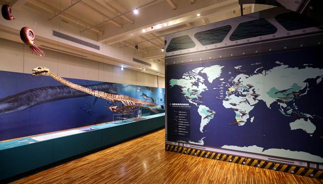 台博馆「水怪－水栖爬行动物化石展」，进入展场首先映入眼帘的是完整又巨大的蛇颈龙化石，一旁的世界地图标示出各水栖爬行动物化石出土的地点。（黄世麒摄）