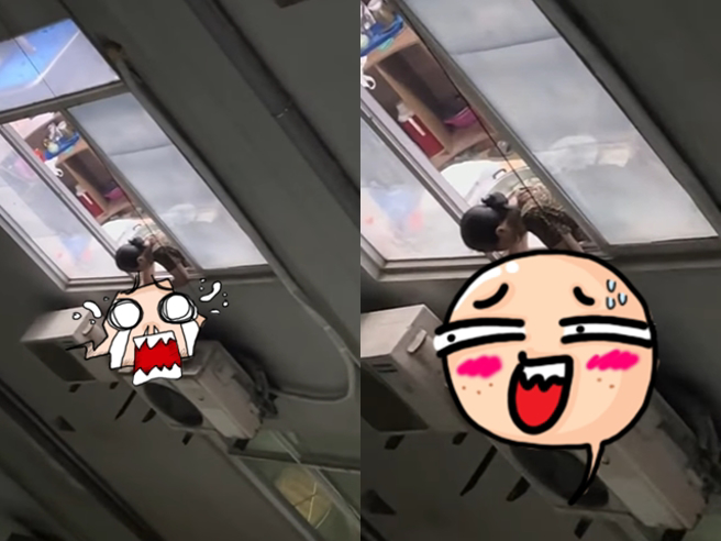 1名女网友被目击在高楼层的住家，头伸出窗外在「煮饭」，原来她把电磁炉和锅具放在冷气室外机的上方。（翻摄自脸书「爆废公社」）