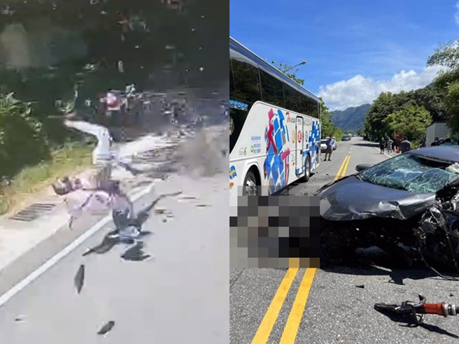 男子行經台11線豐濱路段時，要超越前方同向遊覽車時，橫跨對向車道時撞上對向無照騎機車的67歲女子，女子不治，男子酒測值達0.98。（翻攝畫面）