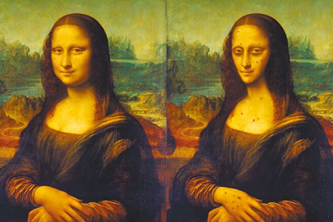 「蒙娜丽莎」吸食海洛因后，造成瞳孔缩小、病态消瘦与皮肤病变，改作后的画与原作丰腴样貌差异大。（国立自然科学博物馆提供／崔正纲高雄传真）