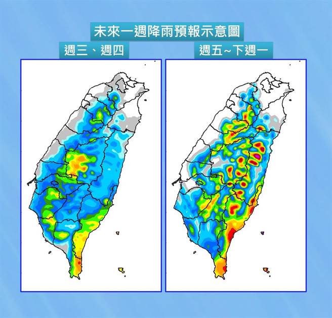 未来一周降雨区域图。（气象局提供）