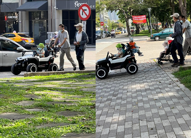 有位阿公在公园溜孙，直接把3位孙子安置在儿童遥控汽车上，自己则是拿着遥控器控制，既轻松又省力。（翻摄自脸书路上观察学院）