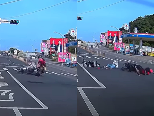 73岁无照老妇人骑车到路口，竟不顾后方有没有来车，直接「鬼切」左转，造成后方1名20岁男骑士当场撞上，2人喷飞在地，翻滚了好几圈。（翻摄自记者爆料网）