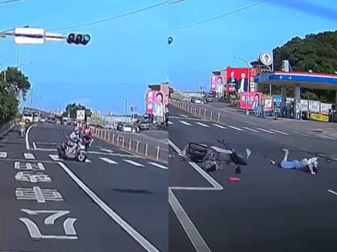 73岁无照老妇人骑车到路口，竟不顾后方有没有来车，直接「鬼切」左转，造成后方1名20岁男骑士当场撞上，2人喷飞在地，翻滚了好几圈。（翻摄自记者爆料网）