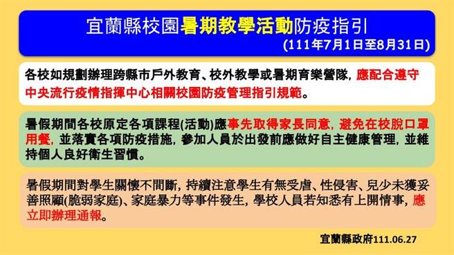 宜兰县府公告校园暑期教学活动防疫指引。（图／宜兰县府提供）
