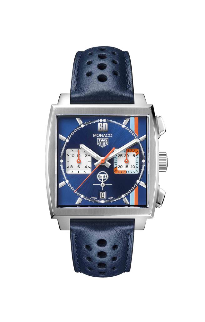 TAG Heuer 泰格豪雅 Monaco Gulf 海灣石油聯名計時腕錶，23萬2200元。（TAG Heuer 泰格豪雅提供）